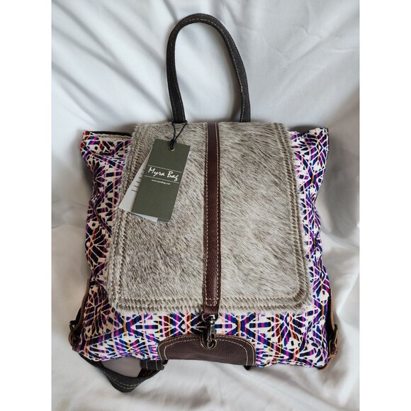 NEW W/ Tags Myra Bag Handmade Vibrant Backpack Upcycled Canvas & Hairon Cowhide - Picture 1 of 13